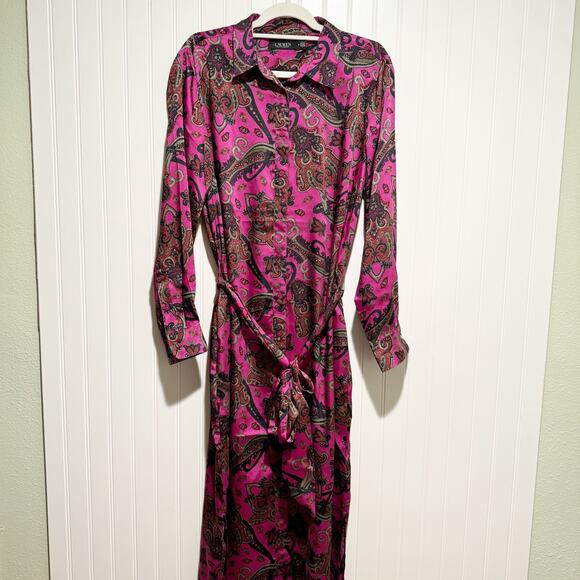 Lauren Ralph Lauren Pink Paisley Shirt Dress Belted Size 14 - Picture 2 of 8